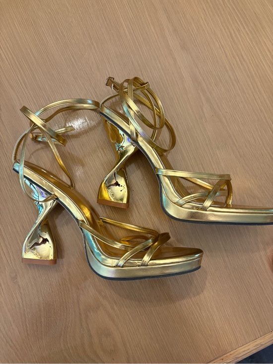Shoes - Gold Strappy Platform with Sculptural High-Heel Sandals